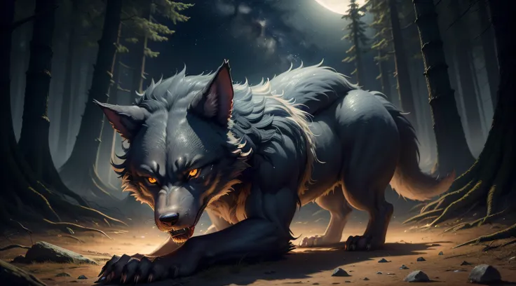 Absurd, very high resolution, super detailed, depicting a view from afar (((a werewolf))), snout, ears and teeth and fur, (((show transformation suffering))), show the effects of change in soft lighting , intimate moments, and feelings of sadness and miser...