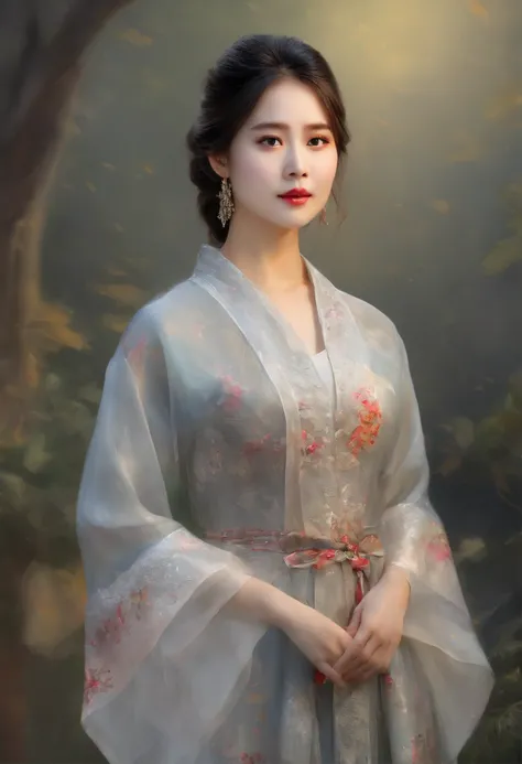 (8K, RAW photo, Best quality, Masterpiece:1.2), (Realistic, photo-realistic:1.37),1girll, Night, Professional lighting, photon maping, Radio City, korean-doll, Traditional long dress, greybackground