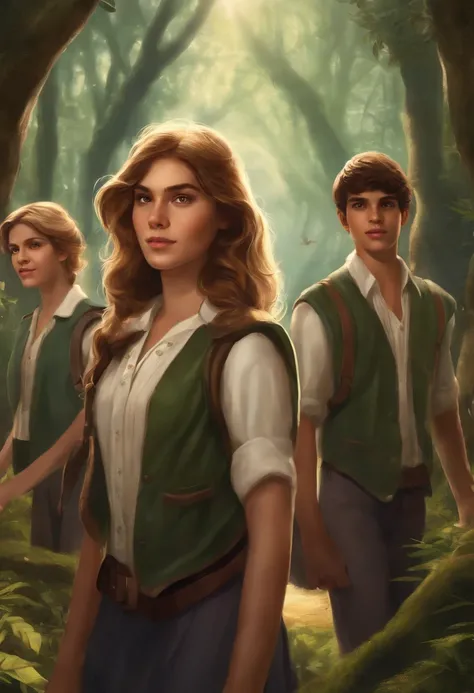 Portrait of a group of young people in high school uniforms exploring a magical forest, Young people are hybrids of magical creatures.title: "Academia Arcana: The Magical Creatures Boarding School" 1. The protagonist is a young fairy named Lila, que sempre...