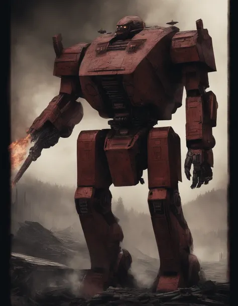 battletech style giant [ robot : full plate armor knight : 0.5 ] ), (crimson blood color and gold vivid colors:1.5), background: spacious spaceship hangar, dramatic fire and smoke, (masterpiece), sci-fi art