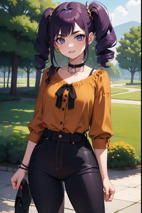 a cute but crazy girl with dark green eyes, loose, curly, dark purple hair. serene coloured eyes, wearing a dark orange blouse and short jeans, bow on the blouse, small bust, mischevious, suggestive grin, suggestive pose, standing, somewhat round face, pro...