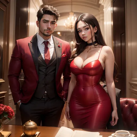 A powerful, rich man with a young woman in red