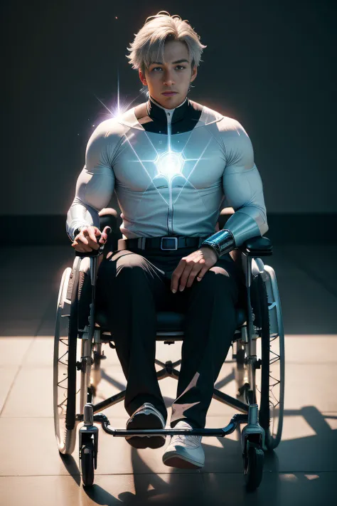 Create a beryllium-themed superhero from a wheelchair that has silver clothes and light emanating from your hands and feet