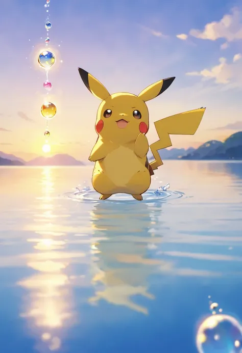 An inspiring scene in ultra-high definition 3D showing Pikachu making a wish on the shore of a tranquil lake. Pikachu, Beautifully rendered down to the smallest detail, Bubbles are seen gently blowing into the air, Each has a hopeful wish. Bubbles capture ...