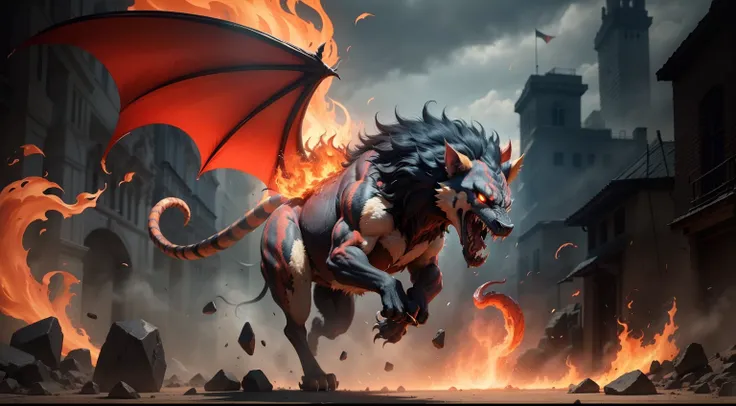 Generate a dramatic image depicting the Chimera as an extremely dangerous creature, with its fiery breath so hot that it can melt stones, and its venom so lethal that it could kill a man within seconds