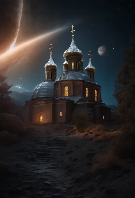 Russian Orthodox church on the surface of the asteroid Ceres, Deep space, gloom, a starry sky, The Abyss of Space, Asteroid surface. photo realism.