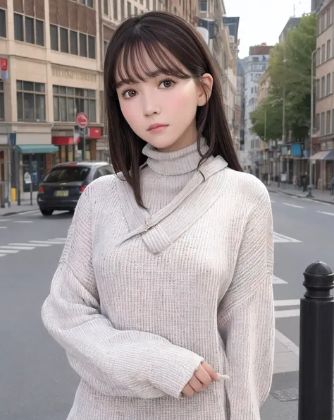 best quality, photorealistic, 8k, high res, 1girl, woman, (skindentation), (portrait:0.6), ((cityscapebackground:1.52)), full color, ((smallsize round breast, highneck sweater:1.5)), straight-looking at viewer:1.8, (1girl eyes looking at viewer:1.45, mediu...