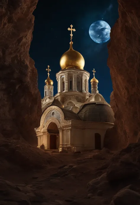 Russian Orthodox church on the surface of the asteroid Ceres, Deep space, vacuum.