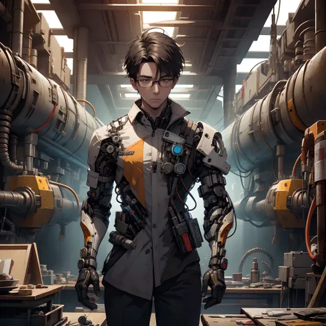 Absurd resolution, high resolution, (masterpiece: 1.4), hyper-detail, young man messy black short hair glasses welder dressed up, very technological robotic arm workbench