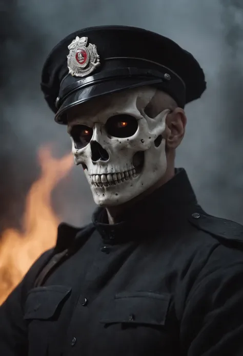 Policeman with a skull face, bright burning eyes, burning penitentiary background, ultra-detailed background Biomechanics, strange, scary, Nightmare, very bright colors, light particles, with bright light, Mshiff, Wallpaper art, Wallpaper UHD wall,