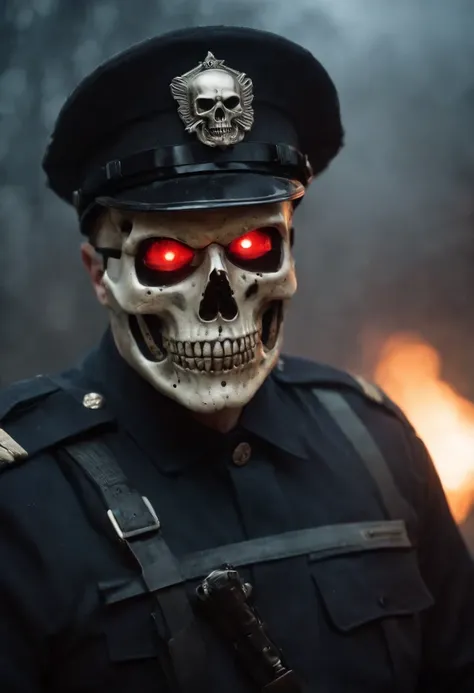 Policeman with a skull face, bright burning eyes, burning penitentiary background, ultra-detailed background Biomechanics, strange, scary, Nightmare, very bright colors, light particles, with bright light, Mshiff, Wallpaper art, Wallpaper UHD wall,