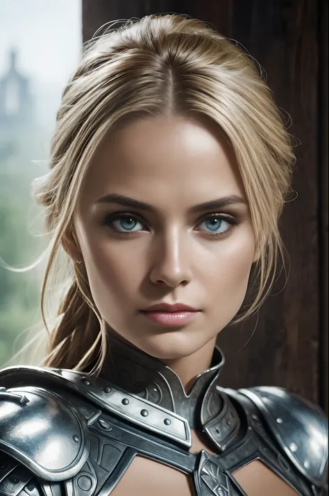 Realistic photo of a beautiful woman, (Noot Seear:1.0), (skin texture:1.1), (detailed eyes), blonde hair in a loose pony, (detailed face), (skin pores), (sexy fantasy warrior armor), metallic shine, on castle wall, facing the camera, (masterpiece), (photor...