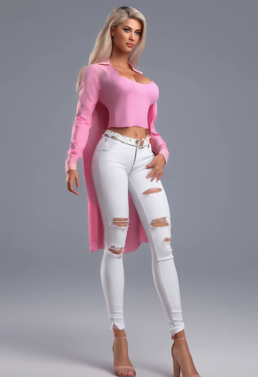 White girl, pony tail, very large breasts, revealing pink shirt, jeans, full body shot, standing, facing viewer, provocative