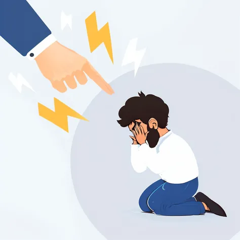 Someone is pointing at a man with a finger on his head, funny illustration, the man is screaming and sad, flat illustration, simple illustration, dramatic illustration, dramatic situation, sem antecedentes, desgostoso. medo inspirando humor, cartoon illust...