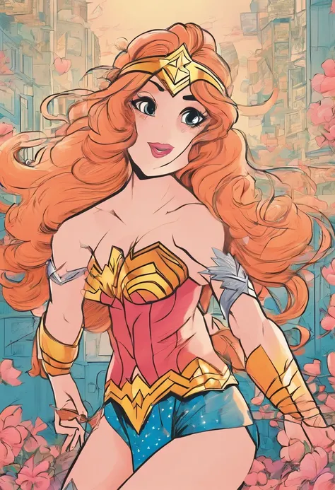 wonder woman in Peach Momoko style. The style is exaggerated and detailed