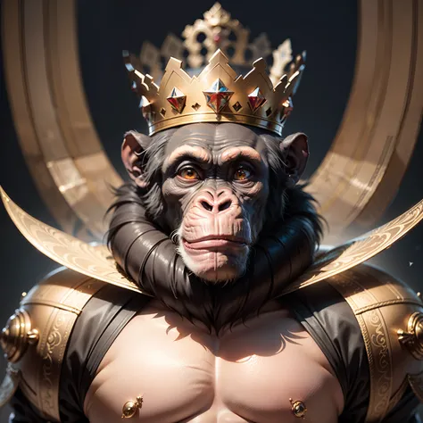 King chimpanzee, with crown and highly detailed props, black background, facing the camera