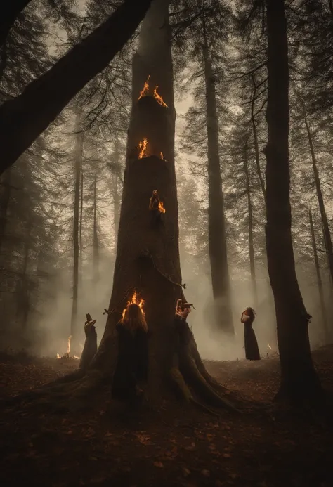 Image showing 3 witches hanging from their necks on a large tree in the middle of the forest, lots of fire around the tree