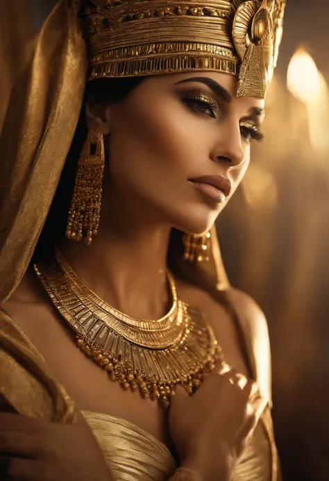 um close up de uma mulher usando um vestido dourado e um cocar dourado, cleopatra portrait, beautiful cleopatra, Egyptian Princess, Um retrato impressionante de uma deusa, cleopatra portrait, Retrato de uma bela deusa, cleopatrah, mulher linda, Egyptian, l...