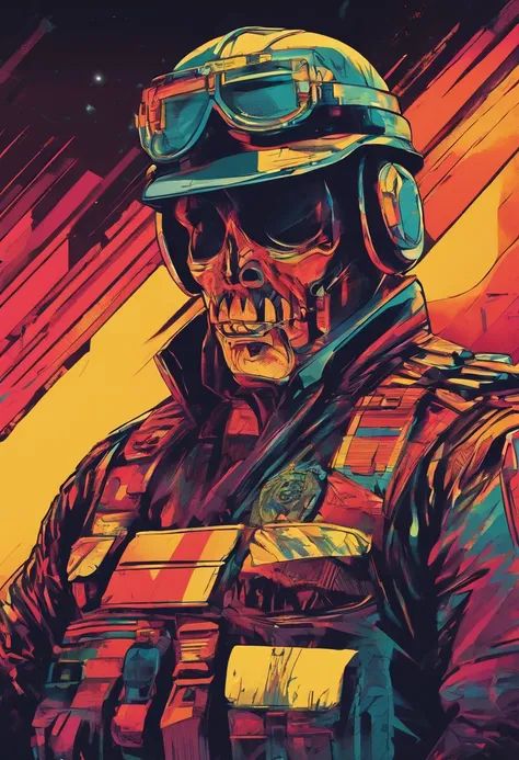 Policeman with a skull face, bright burning eyes, burning penitentiary background, ultra-detailed background Biomechanics, strange, scary, Nightmare, very bright colors, light particles, with bright light, Mshiff, Wallpaper art, Wallpaper UHD wall, no doub...