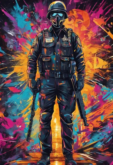 Policeman with a skull face, bright burning eyes, burning penitentiary background, ultra-detailed background Biomechanics, strange, scary, Nightmare, very bright colors, light particles, with bright light, Mshiff, Wallpaper art, Wallpaper UHD wall, no doub...