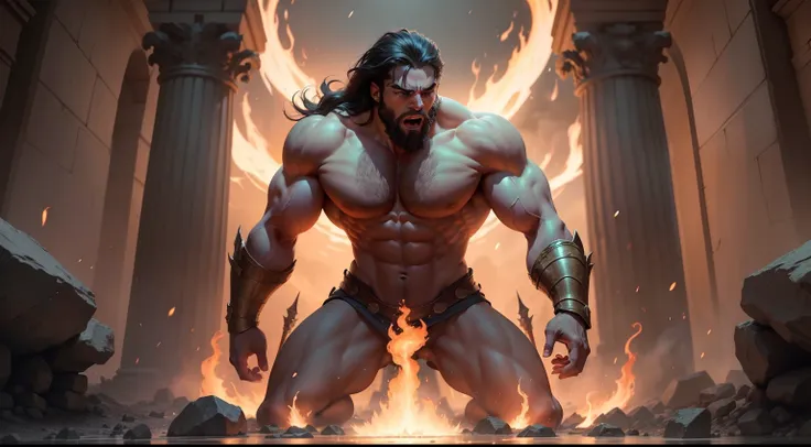 Generate a captivating image depicting the heroic Hercules in his moment of triumph, as he courageously battles the Hydra by systematically severing its heads and cauterizing the stumps with blazing torches. Show the Hydra writhing in agony as it faces its...