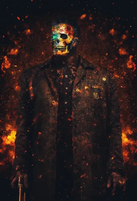 Policeman with a skull face, bright burning eyes, burning penitentiary background, ultra-detailed background Biomechanics, strange, scary, Nightmare, very bright colors, light particles, with bright light, Mshiff, Wallpaper art, hard line, ultra line, bold...