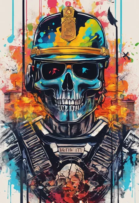 Policeman with a skull face, bright burning eyes, burning penitentiary background, ultra-detailed background Biomechanics, strange, scary, Nightmare, very bright colors, light particles, with bright light, Mshiff, Wallpaper art, hard line, ultra line, bold...