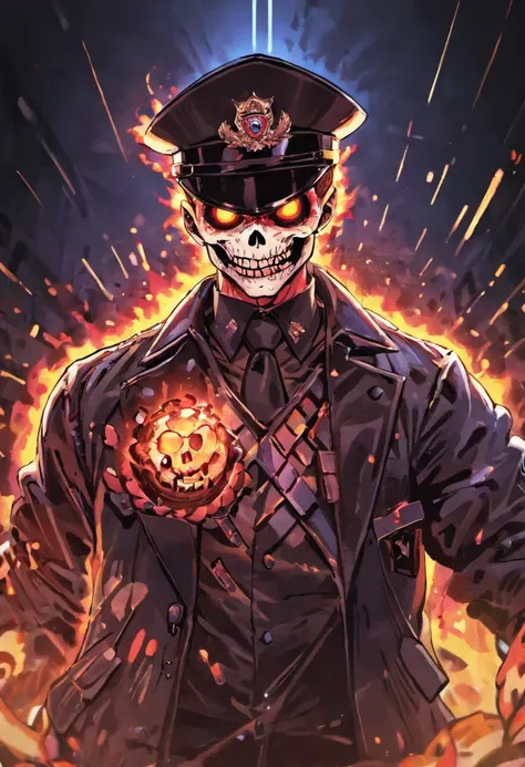 Policeman with a skull face, bright burning eyes, burning penitentiary background, ultra-detailed background Biomechanics, strange, scary, Nightmare, very bright colors, light particles, with bright light, Mshiff, Wallpaper art, hard line, ultra line, bold...