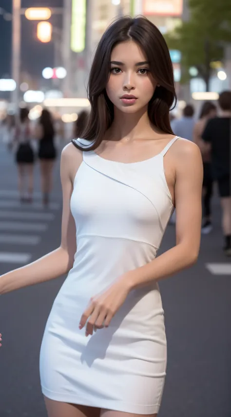 ((Realistic lighting, Best quality, 8K, Masterpiece: 1.3)), Clear focus: 1.2, 1girl, Perfect body beauty: 1.4, Slim abs: 1.1, ((dark brown hair)), (White dress: 1.4), (Outdoor, night: 1.1), City Street, Super Fine Face, Fine Eyes, Double Eyelids, (Over the...