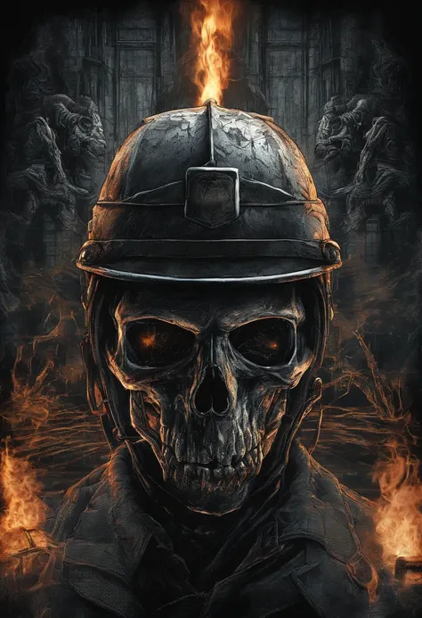 Skull-faced policeman wearing balacrava, bright burning eyes, burning penitentiary background, ultra-detailed background, Biomechanics, strange, scary, Nightmare, very bright colors, light particles, with bright light, Mshiff, Wallpaper art, hard line, ult...