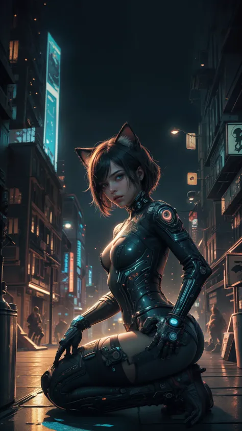 Beautiful image of Reika Shimohira as a (Cyberpunk Nekomata catgirl), slender body, cat ears, cat tail, ((kneeling on edge of rooftop)), ((dynamic pose)), science fiction, (cyberpunk city in the background), Gantz, Cyberpunk 2077, Ultra realistic photo, ma...