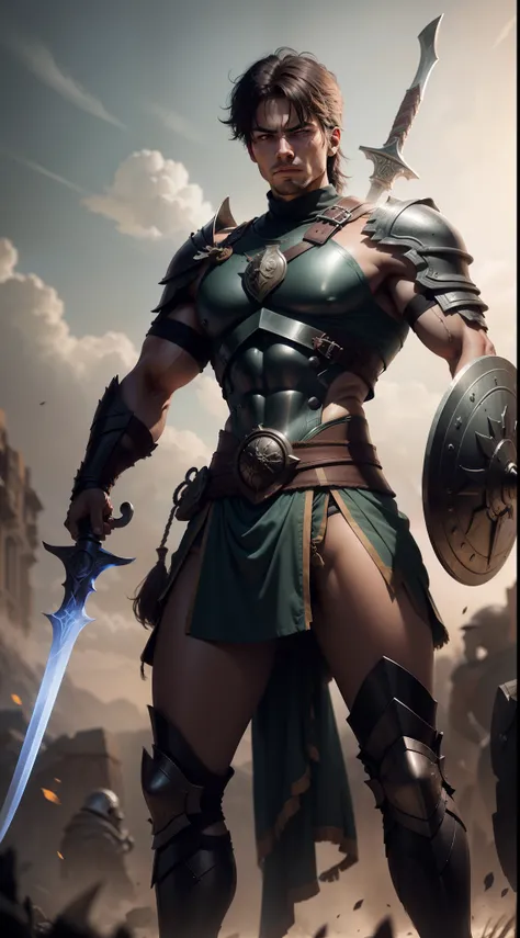 spartan warrior with armor holding his sword and shield