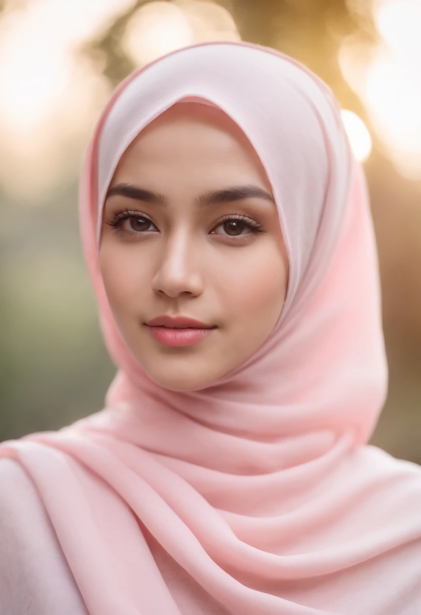 Photo portrait of a beautiful Bandung girl wearing a hijab and dimples, around 17 years old, (plain pink hijab), (portrait medium shot:1.3), dramatic light, Rembrandt lighting scheme, (hyperrealism:1.2), (8K UHD: 1.2), ( photorealistic:1.2), shot with Cano...