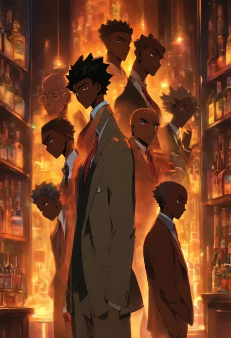 Make three men in a bar, the first two are wearing a suit and are bald and one of them is black skinned, the third is brown skinned and and has medium curly hair is wearing an overall and a suit underneath, cinematic backdrop, 8k, no imperfections, perfect...