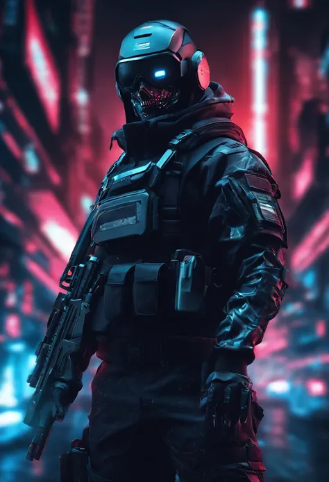 Skull-faced policeman wearing balacrava, bright burning eyes, holding super crafted weapons, super realistic weapons, super detailed weapon, burning penitentiary background, ultra-detailed background, Biomechanics, strange, scary, Nightmare, very bright co...