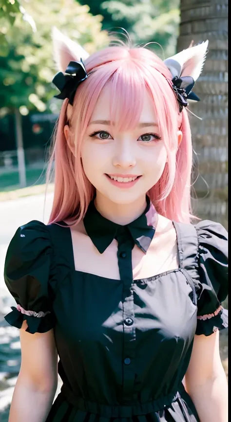 (ultra-detailliert), Frontal Face,head shot, Front view,Cute princess dress in black,(frilly dress),(shortsleeves),Blue eyes,The upper part of the body、cowboy  shot、faces、(A smile:1.5),(facing front:1.2), 20yr old, teens girl,no tail,(no tail),2D, ​masterp...