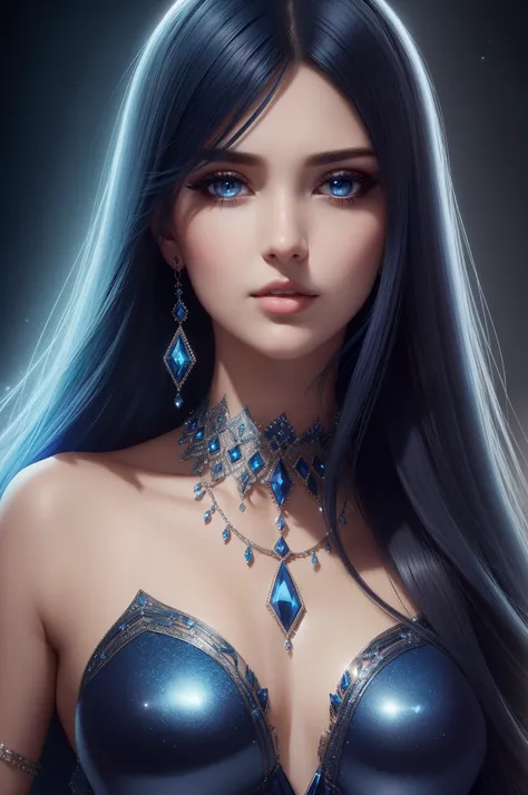 ultra detailed beautiful woman, 25 years-old woman, stunningly beautiful, dark blue hair, dark blue dress, dark blue eyes, her whole head is visible with hair, dark blue jewel necklace, earrings, dark blue eyeshadow visible on her eyelids and eyeliner on h...