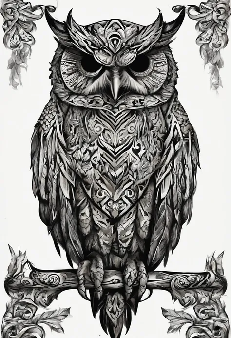 A highly detailed, ultra-realistic Maori owl tattoo decalque. UHD, ULTRA DETAILED, 8K, 4K, 16K, professional, vivid colors, sharp focus, physically-based rendering. Decalque para tatuagem de coruja maori altamente detalhada. Cores vivas, Sharp focus and ph...