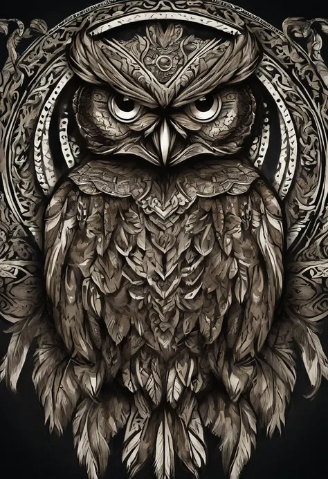 A highly detailed, ultra-realistic Maori owl tattoo decalque. UHD, ULTRA DETAILED, 8K, 4K, 16K, professional, vivid colors, sharp focus, physically-based rendering. Decalque para tatuagem de coruja maori altamente detalhada. Cores vivas, Sharp focus and ph...