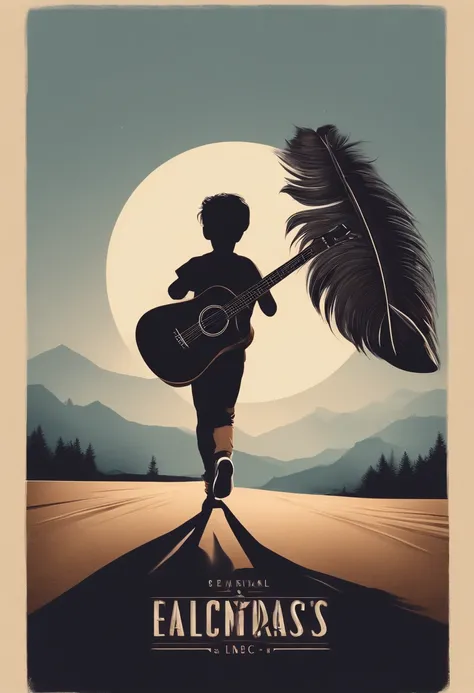 Create a simple, minimalist, fantastic logo design of a boy running holding a giant feather and an acoustic guitar