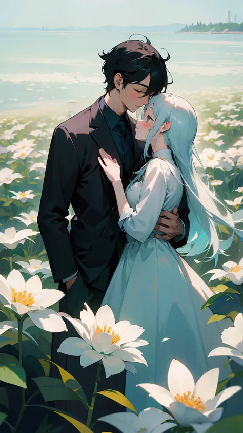 ((Masterpiece,Best quality,modern)), depiction：The picture shows a man and a woman，They are standing face to face in a sea of flowers full of flowers。The mans eyes are full of tenderness and care，And the womans expression revealed happiness and gratitude。T...