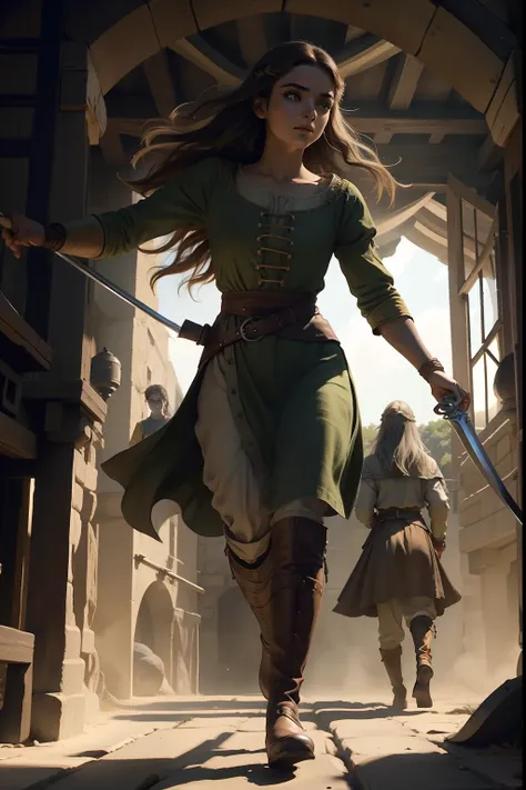 (SFW) jovem mulher, cabelos curtos aparados aos ombros, cabelo"ruivo", olhos verdes claros,sensual,Bonito, Adventurous woman in 15th-century France, wearing mens clothes of the time, incluso bota salto Over The Knee camurça, arrogante, Suado, respingo de s...