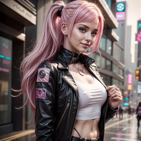 Cyberpunk Girl Leather Jacket Smile Pink Hair Futuristic World Leather Pants Best Quality Masterpiece Super High Definition Long Hair Beautiful Girl