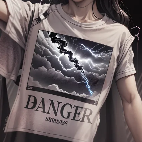 Make a t shirt acording to : Dangerous design: A black and white photo of a lightning strike with a bold headline that says "Danger!"9:16 --auto --s2