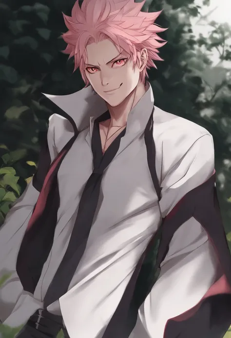 uma imagem de desenho animado de um homem com cabelo rosa e uma camisa branca, Ohararyu, Retrato de Hisoka Hunter Hunter, Ichigo Kurosaki, human male demon, com o dedo indicador, cara bonito na arte demon slayer, Coringa como Naruto, Gatilho Estilo de Arte...