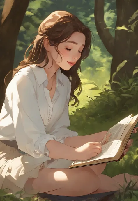 A girl,close up, wearing white shirt, reading a book, (best quality:1.3), (highres:1), (detailed:1.3), (incredible:1.3), (perfect:1.3), (perfection:1.3), (volume cover art:0), (illustration:1.3), art by studio ghibli