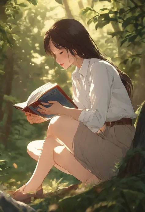 A girl,close up, wearing white shirt, reading a book, (best quality:1.3), (highres:1), (detailed:1.3), (incredible:1.3), (perfect:1.3), (perfection:1.3), (volume cover art:0), (illustration:1.3), art by studio ghibli