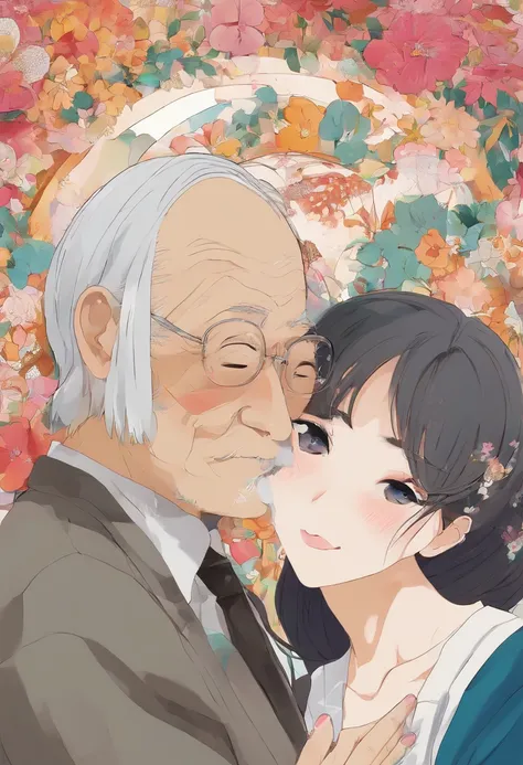 (masterpiece), best quality, expressive eyes, A short ugly old man with ugly dark skin, bold, and a petite build hugs and kisses a taller woman with pale white skin and a ponytail. The old man has a slim figure, while the taller woman is a milf and  has  a...