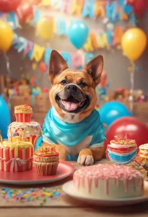 ONE DOG BIRTHDAY PARTY, ULTRA REALISTIC 8K PICTURE, SUPER DETAILS AND VIBRANT COLORS, PICTURE WITHOUT RESIDUE, PICTURE WITHOUT ERRORS, PICTURE WITHOUT TWO HEADS, PICTURE WITHOUT DOUBLE FACE,