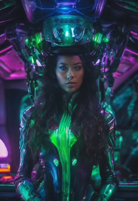 Beautiful girl, alien race, sexy outfit, Inside an alien ship , futuristic, wild curls, long flowing hair, vibrant eyes, Green skin, looking into outer space, galaxies, stars, Vivid colors, vibrant colors, incandescent colors, rays of light, Perfect pictur...